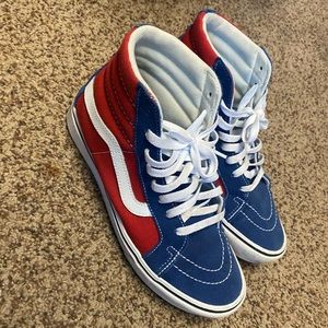 Red and blue high top vans , size 7.5 mens